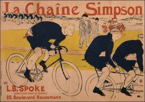 Henri de Toulouse-Lautrec publicity poster from the 1890s, Constant Huret riding with a Simpson chain behind the Gladiator tandem pacer at the Velodrome de la Seine.