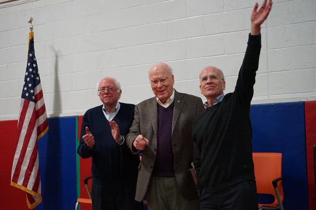 Senators Bernie Sanders and Patrick Leahy and Rep. Peter Welch greet supporters in 2017.