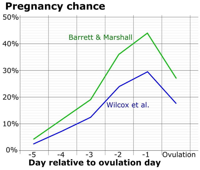 Chance of fertilization by menstrual cycle day relative to ovulation
