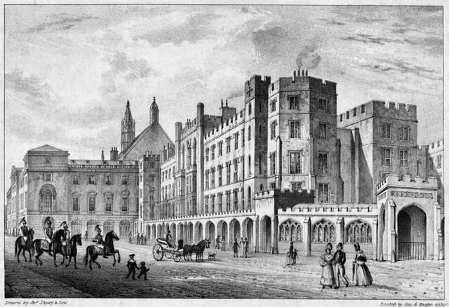 Parliament before the 1834 fire with Old Palace Yard in the foreground. Vardy's Stone Building is on the left, with Soane's law courts and the south gable end of Westminster Hall visible behind. In the centre is Wyatt's "Cotton Mill" frontage of the House of Lords. Soane's ceremonial entrance is on the far-right.