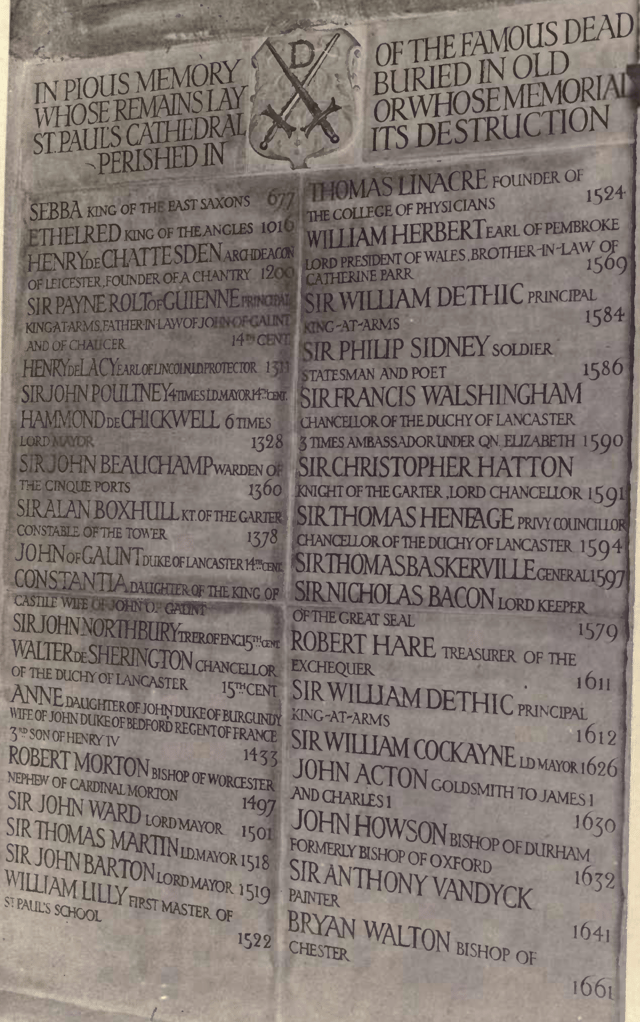 A 1913 memorial commemorating those who were buried or memorialised in the old cathedral