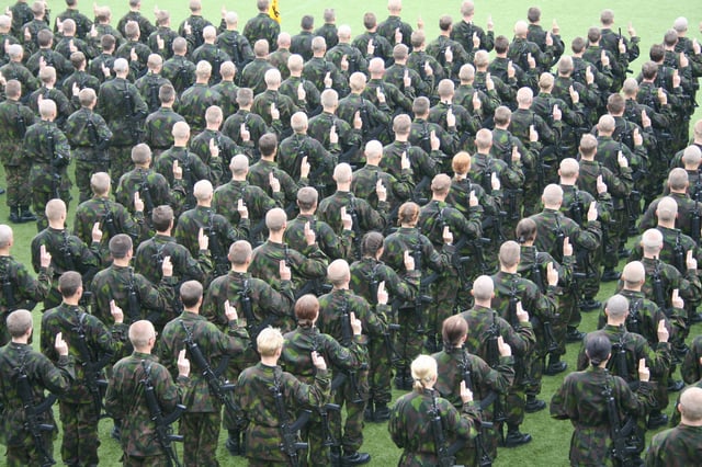 Finnish conscripts swearing their military oath at the end of their basic training period.