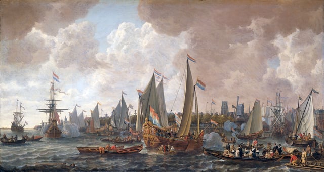 The arrival of King Charles II of England in Rotterdam, 24 May 1660 by Lieve Verschuier. King Charles II of England sailed from Breda to Delft in May 1660 in a yacht owned by the VOC. HMY Mary and HMY Bezan (both were built by the VOC) were given to Charles II, on the restoration of the monarchy, as part of the Dutch Gift.