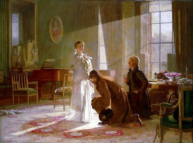 Victoria receives the news of her accession from Lord Conyngham (left) and the Archbishop of Canterbury. Engraving after painting by Henry Tanworth Wells, 1887