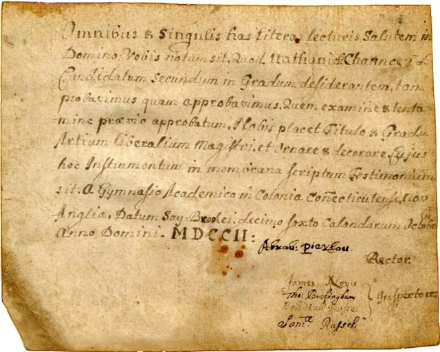 First diploma awarded by Yale College, granted to Nathaniel Chauncey, 1702