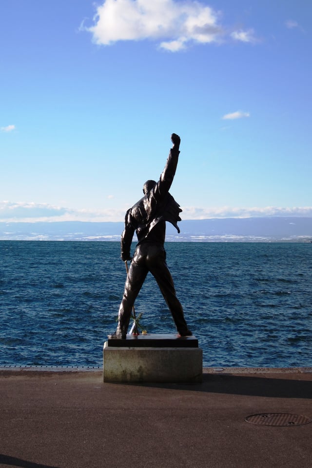 Statue of Mercury overlooking Lake Geneva in Montreux, Switzerland