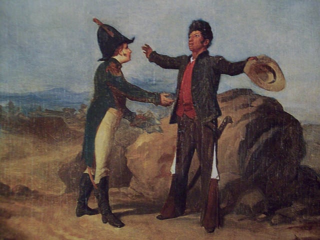 Depiction of the Abrazo de Acatempan between Agustín de Iturbide, left, and Vicente Guerrero