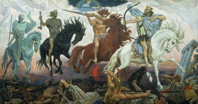 The biblical Four Horsemen of the Apocalypse. Conquest, with a bow, rides a white horse. Death rides a pale or light green horse (painting by Viktor Vasnetsov, 1887).