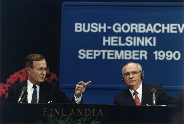In 1990, Gorbachev met repeatedly with U.S. President George Bush