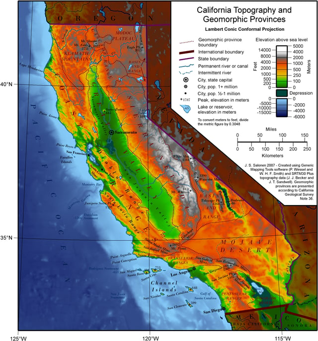 A topographic map of California