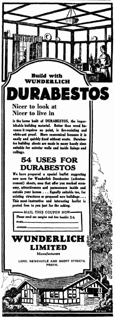 1929 newspaper advertisement from Perth, Western Australia, for asbestos sheeting for residential building construction.