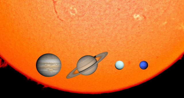 The four giant planets Jupiter, Saturn, Uranus, and Neptune against the Sun and some sunspots
