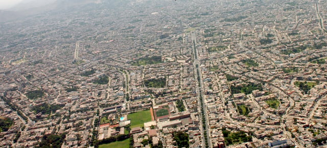 Aerial view of the Santiago de Surco middle class gated community of Lima, Peru.