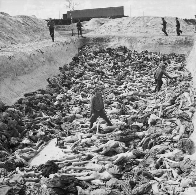 Fritz Klein, the camp doctor, standing in a mass grave at Bergen-Belsen after the camp's liberation by the British 11th Armoured Division, April 1945