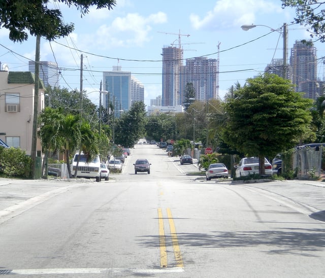 View from one of the higher points in Miami, west of downtown. The highest natural point in the city of Miami is in Coconut Grove, near the bay, along the Miami Rock Ridge at 24 feet (7.3 m) above sea level.