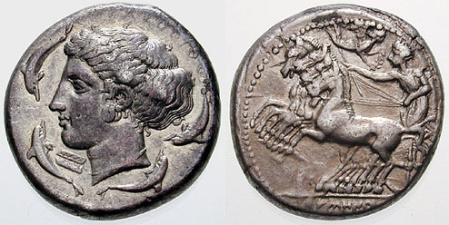 A Syracusan tetradrachm (c. 415–405 BC), sporting Arethusa and a quadriga.