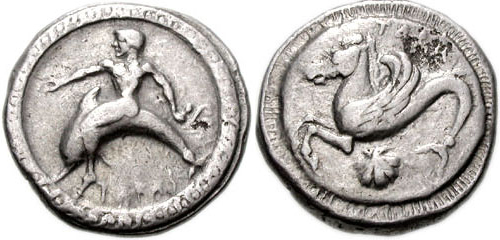 Silver coin with Tarus riding a dolphin