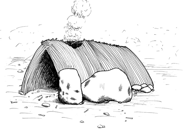 An artist's rendering of a temporary wood house, based on evidence found at Terra Amata (in Nice, France) and dated to the Lower Paleolithic (c. 400,000 BP)