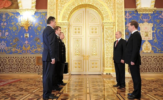 The ceremony of passing the Cheget (i.e. the nuclear briefcase) from Dmitry Medvedev's military aide to Vladimir Putin's military aide during the 2012 presidential inauguration.