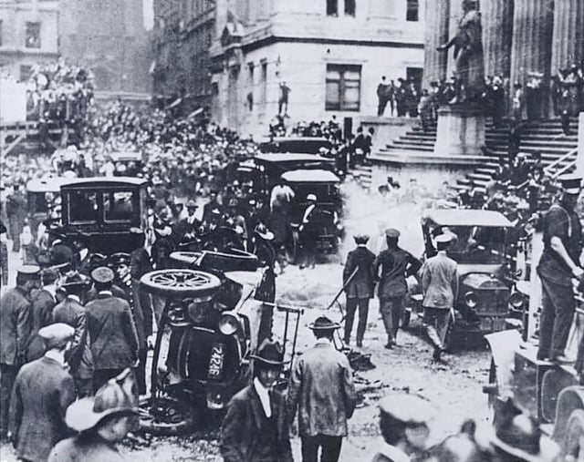 The J.P. Morgan headquarters in New York City following the September 16, 1920 bomb explosion that took the lives of 38 and injured over 400