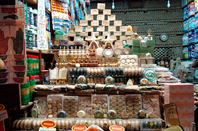 A shop in al-Madina Souq displaying Aleppo soap products, 2004