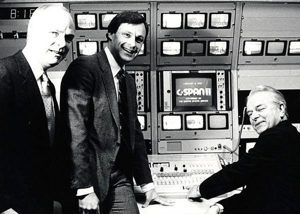 Sen. Robert Byrd (right), C-SPAN's founder Brian Lamb (left) and Paul FitzPatrick flip the switch for C-SPAN2 on June 2, 1986. FitzPatrick was C-SPAN president at the time.