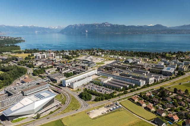 Aerial view of the EPFL, which forms a large campus with the University of Lausanne (UNIL) at the shores of Lake Geneva.