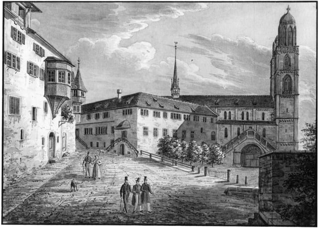 Carolinum and Grossmünster on a drawing by Emil Schulhess in 1835