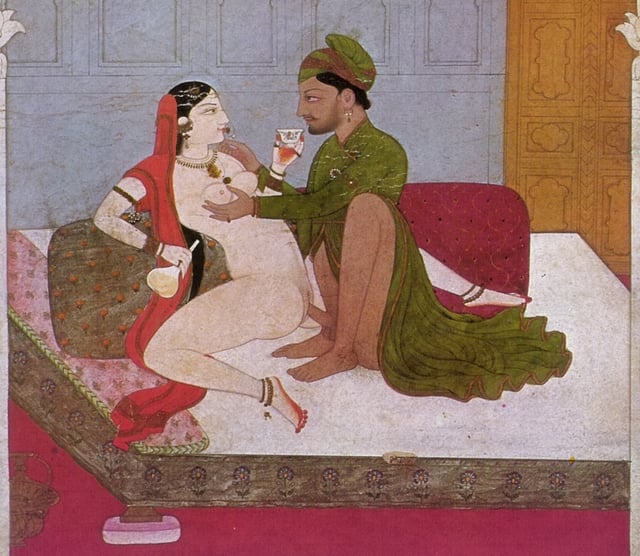 Painting of an Indian couple (a prince and lady) prolonging sexual intercourse