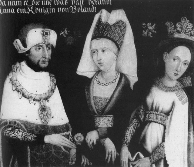 Louis II with his first two wives Maria of Brabant (middle) and Anna of Glogau (right), 16th century