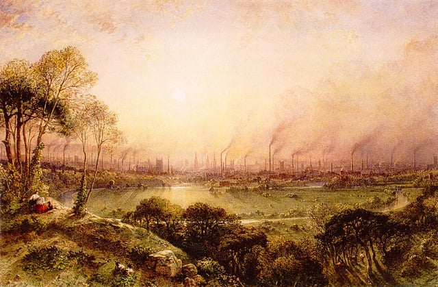 Manchester from Kersal Moor, by William Wyld in 1857, a view now dominated by chimney stacks as a consequence of the Industrial Revolution.