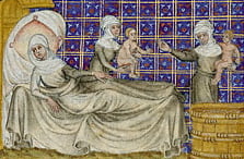 The Birth of Esau and Jacob (c. 1360–1370) by Master of Jean de Mandeville. Origen used the Biblical story of Esau and Jacob to support his theory that a soul's free will actions committed before incarnation determine the conditions of the person's birth.