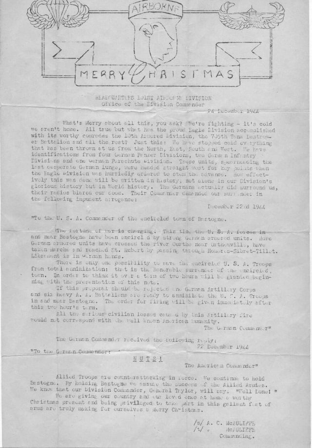 Letter to 101st soldiers, containing Gen. McAuliffe's "Nuts!" response to the Germans