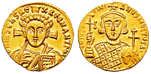In spite of the turbulent reign of Justinian II, last emperor of the Heraclian dynasty, his coinage still bore the traditional "PAX", peace.