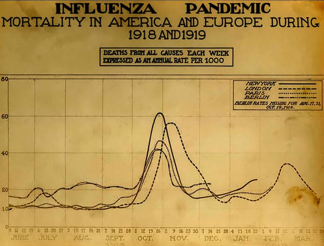 A chart of deaths in major cities, showing a peak in October and November 1918