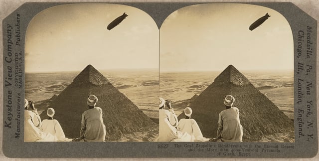 Stereograph of LZ 127 Graf Zeppelin flying over Cairo on 10 April 1931.