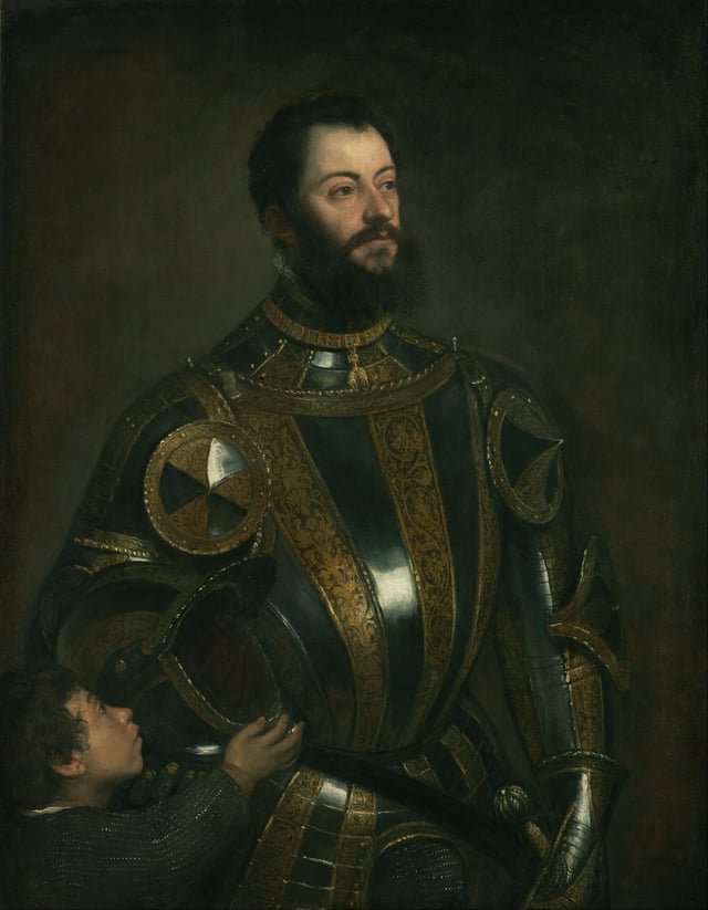 Portrait of Alfonso d'Avalos, Marchese del Vasto, in Armor with a Page (oil on canvas by Titian, c. 1533). D'Avalos was defeated by the French at the Battle of Ceresole, but won a later victory at the Battle of Serravalle.