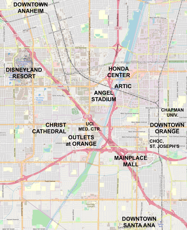 Major facilities in the Anaheim–Santa Ana edge city, plus the locations of the adjacent downtowns