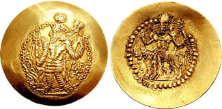 Coin of the Indo-Sassanid Kushanshah Varhran (mid-4th century) Obv: King Varhran with characteristic head-dress Rev: Shiva and bull