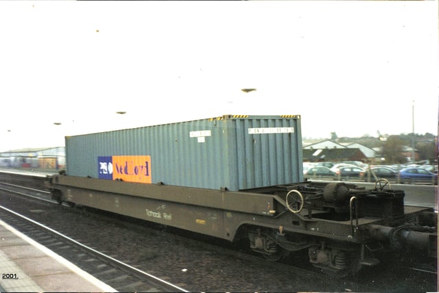 P&O Nedlloyd inter-modal freight well car at Banbury station. England, (2001)