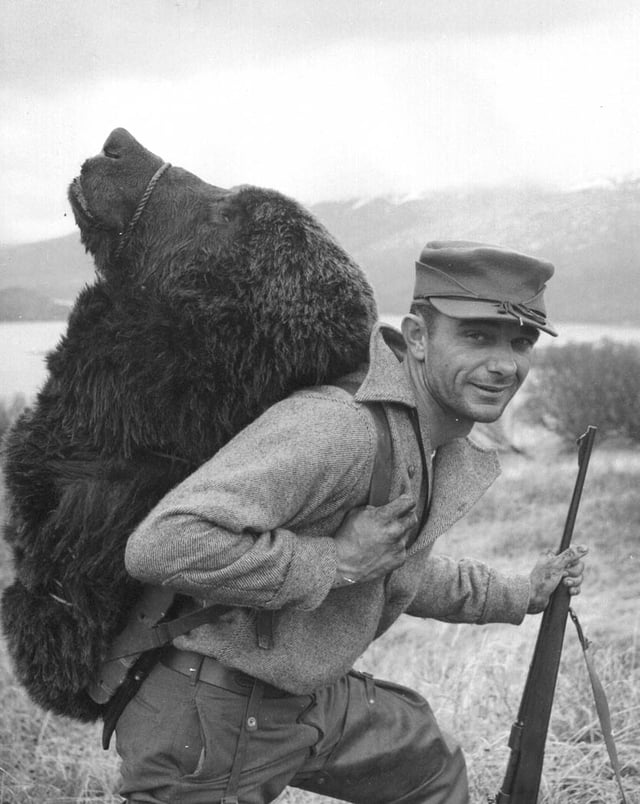 Carrying a bear trophy head at the Kodiak Archipelago