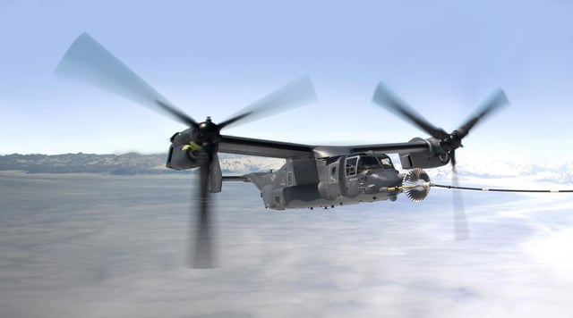 A CV-22 off the coast of Greenland receiving fuel from an MC-130H