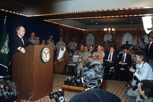 Secretary of Defense Cheney during a press conference on the Gulf War