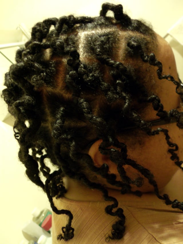 Newly twisted dreadlocks immediately after being unwound from Bantu knots; the locks later uncoiled and may thicken as matting progresses
