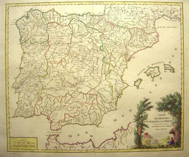 Map of the Iberian peninsula dated 1770. The Kingdoms of Jaén, Córdoba and Seville are collectively referred to under the name Andalucía, while the Kingdom of Granada appears under its individual name.