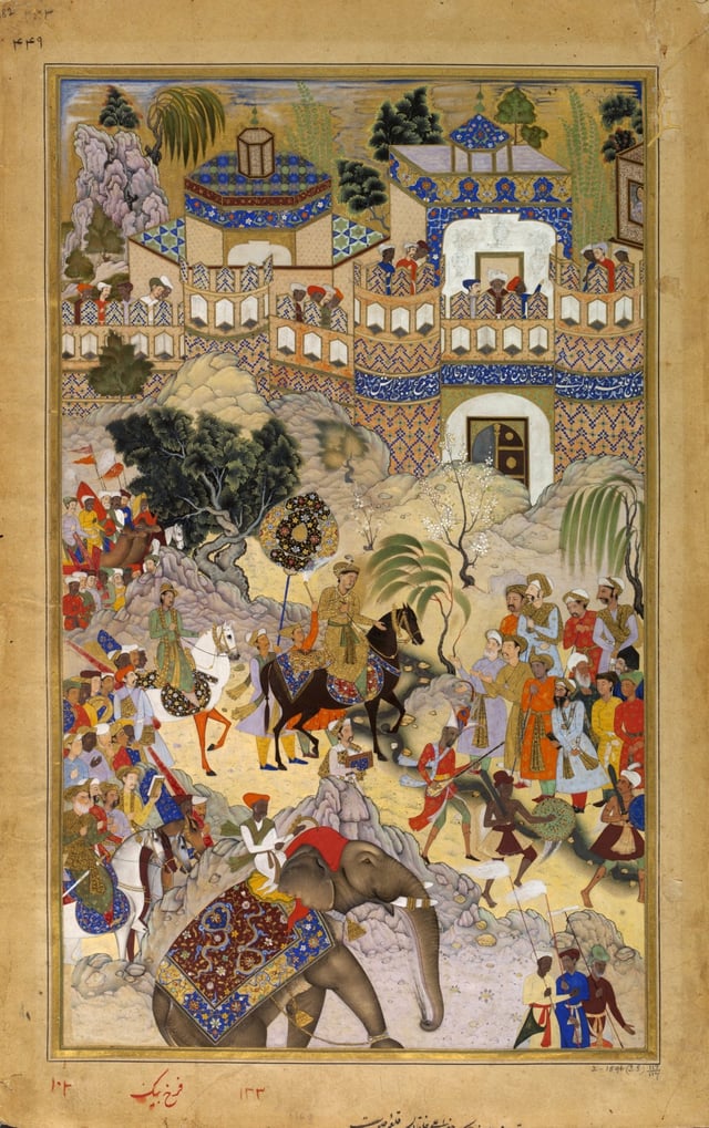 The Mughal Emperor Akbar triumphantly enters Surat.