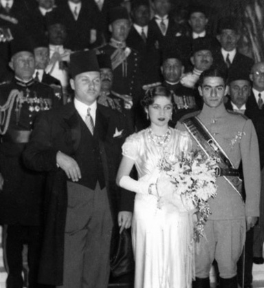 Photograph of the wedding ceremony of Crown Prince Mohammad Reza (right) and Princess Fawzia of Egypt at Abdeen Palace in Cairo, 1939