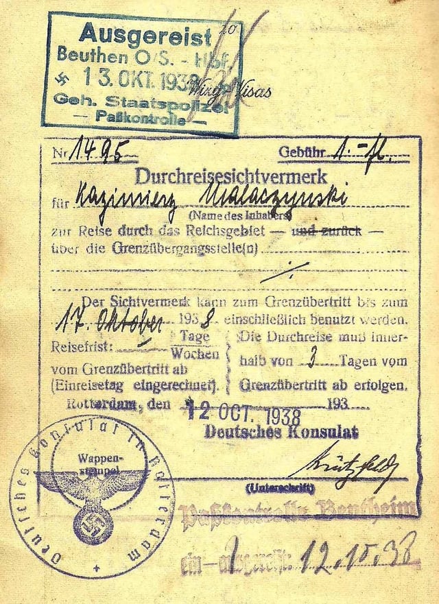 1938 Gestapo border inspection stamp applied when leaving Germany.