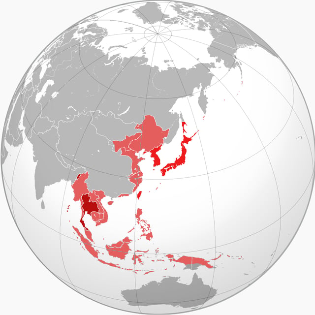 The Empire of Japan (darker red) and territories controlled by Japanese puppet states during the war (lighter red). Thailand (darkest red) cooperated with Japan. All are members of the Greater East Asia Co-Prosperity Sphere.