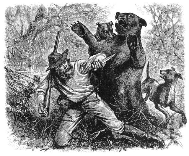 Hugh Glass being attacked by a grizzly bear, from an early newspaper illustration of unknown origin